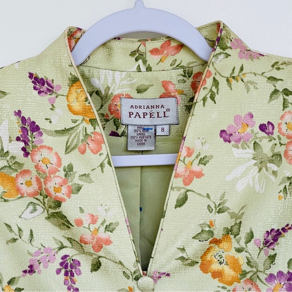 Adrianna Papell 100% Silk Jacket Short Sleeve Green Floral Buttons Front Lining - Picture 7 of 12